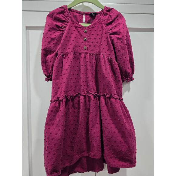Art Class Burgundy Textured Dot Puff Sleeve Tiered Dress Girls  - Size 4T - Picture 1 of 9